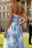 A Line Tulle White Blue Flower Ruched Strapless Long Prom Dress