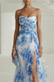 Sweetheart A Line Tulle White Blue Flower Ruched Long Prom Dress with Slit