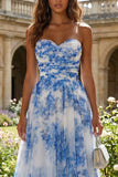 Tulle White Blue Flower Sweetheart A Line Ruched Long Prom Dress