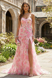 Pink Floral Sweetheart Ruched A Line Long Prom Dress with Slit