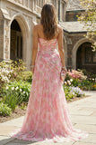 Pink Floral Sweetheart Ruched A Line Long Prom Dress with Slit