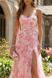 Pink Floral Sweetheart Ruched A Line Long Prom Dress with Slit
