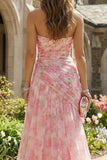 Pink Floral Sweetheart Ruched A Line Long Prom Dress with Slit