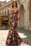 Black Pink Flower Sweetheart Mermaid Long Prom Dress with Ruffles