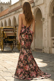 Black Pink Flower Sweetheart Mermaid Long Prom Dress with Ruffles