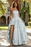 Strapless Blue White Flower A Line Long Prom Dress with Slit