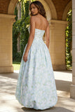 Strapless Blue White Flower A Line Long Prom Dress with Slit