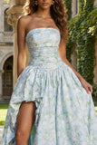 Strapless Blue White Flower A Line Long Prom Dress with Slit