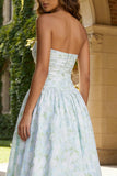 Strapless Blue White Flower A Line Long Prom Dress with Slit
