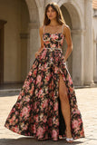A Line Black Pink Flower Pearl Neck Long Prom Dress with Slit