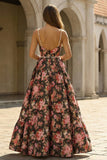 A Line Black Pink Flower Pearl Neck Long Prom Dress with Slit
