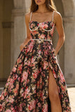 A Line Black Pink Flower Pearl Neck Long Prom Dress with Slit