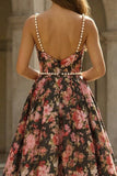 A Line Black Pink Flower Pearl Neck Long Prom Dress with Slit