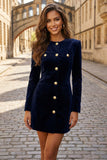 Long Sleeve Navy Bodycon Short Work Dress