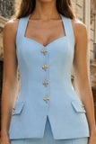 Halter Sky Blue 2 Piece Slim Fit Women Suits