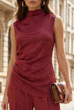 High Neck Satin 2 Piece Burgundy Women Suits