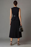 Black A Line Pleated Midi Work Dress with Belt