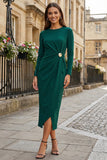 Long Sleeve Dark Green Cut Out Ruched Work Dress