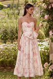 Floral Pink Sweetheart A Line Midi Wedding Guest Dress with Bow