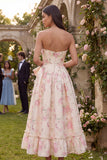 Floral Pink Sweetheart A Line Midi Wedding Guest Dress with Bow