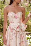 Floral Pink Sweetheart A Line Midi Wedding Guest Dress with Bow