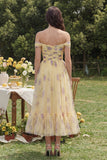 Off the Shoulder Yellow Floral A Line Midi Wedding Guest Dress