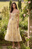 Off the Shoulder Yellow Floral A Line Midi Wedding Guest Dress