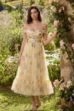Off the Shoulder Yellow Floral A Line Midi Wedding Guest Dress