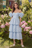 Blue Floral Off the Shoulder A Line Tiered Jacquard Midi Wedding Guest Dress