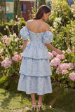 Blue Floral Off the Shoulder A Line Tiered Jacquard Midi Wedding Guest Dress