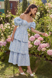Blue Floral Off the Shoulder A Line Tiered Jacquard Midi Wedding Guest Dress