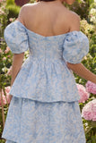 Blue Floral Off the Shoulder A Line Tiered Jacquard Midi Wedding Guest Dress