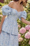 Blue Floral Off the Shoulder A Line Tiered Jacquard Midi Wedding Guest Dress