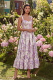 Purple Floral A Line Brocade Corset Spring Wedding Guest Dress