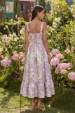 Purple Floral A Line Brocade Corset Spring Wedding Guest Dress