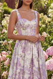 Purple Floral A Line Brocade Corset Spring Wedding Guest Dress