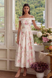 White Pink Flower Off the Shoulder A Line Midi Wedding Guest Dress