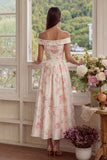 White Pink Flower Off the Shoulder A Line Midi Wedding Guest Dress