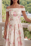 White Pink Flower Off the Shoulder A Line Midi Wedding Guest Dress