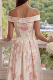 White Pink Flower Off the Shoulder A Line Midi Wedding Guest Dress