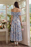 Off the Shoulder A Line Blue Floral Wedding Guest Dress