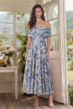 Off the Shoulder A Line Blue Floral Wedding Guest Dress