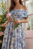 Off the Shoulder A Line Blue Floral Wedding Guest Dress