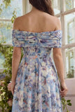 Off the Shoulder A Line Blue Floral Wedding Guest Dress
