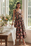 Black Pink Flower A Line Square Neck Pleated Midi Wedding Guest Dress