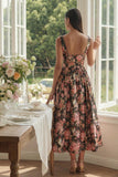 Black Pink Flower A Line Square Neck Pleated Midi Wedding Guest Dress