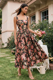Black Pink Flower A Line Square Neck Pleated Midi Wedding Guest Dress