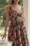 Black Pink Flower A Line Square Neck Pleated Midi Wedding Guest Dress