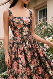 Black Pink Flower A Line Square Neck Pleated Midi Wedding Guest Dress