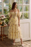 Off the Shoulder Yellow Floral Tiered Ruched Wedding Guest Dress